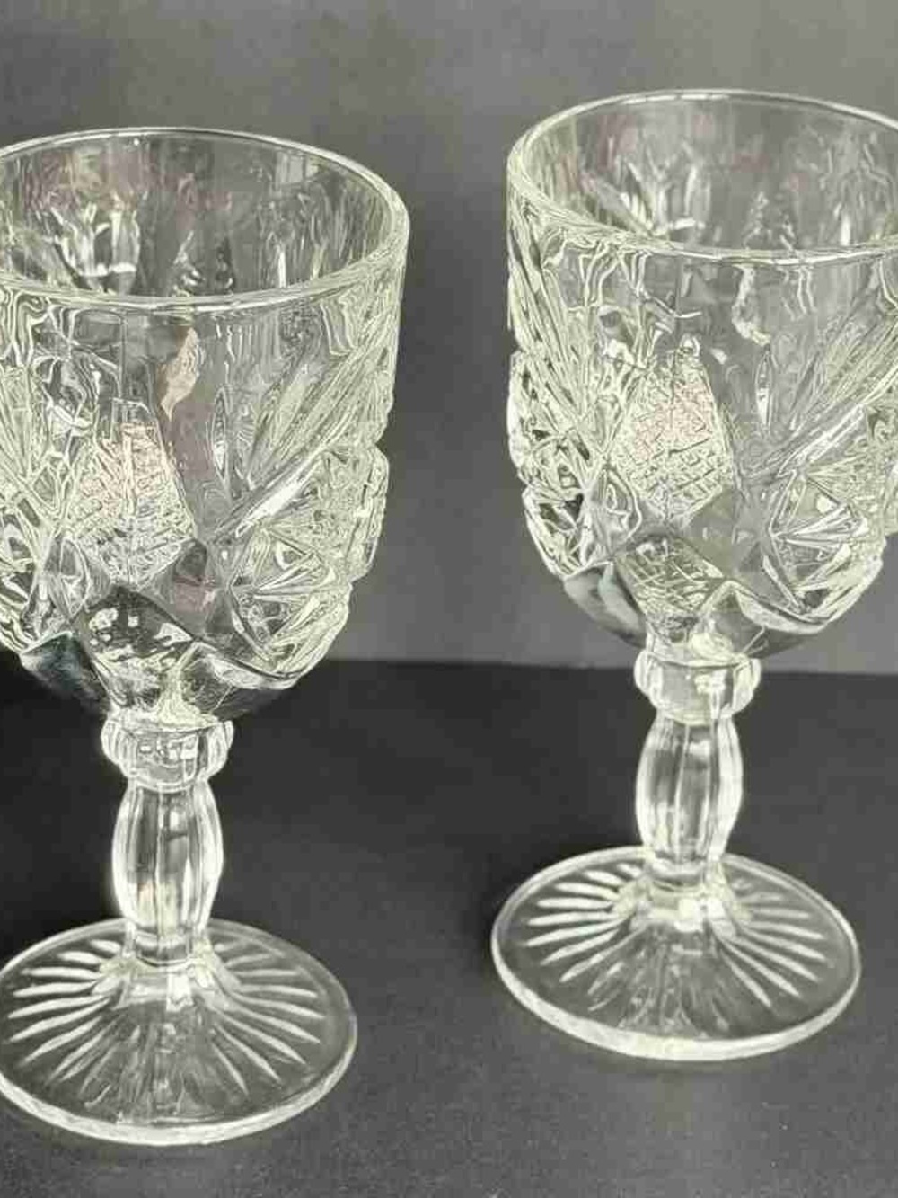 Pair of Clear Pressed Glass Goblets with Cut-Glass Motif